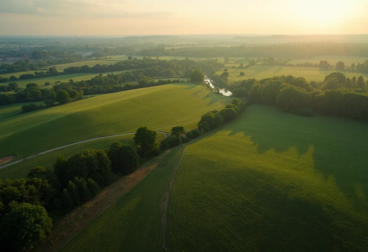 Aerial view of open fields and tree lines at sunrise, with a creek and a winding path